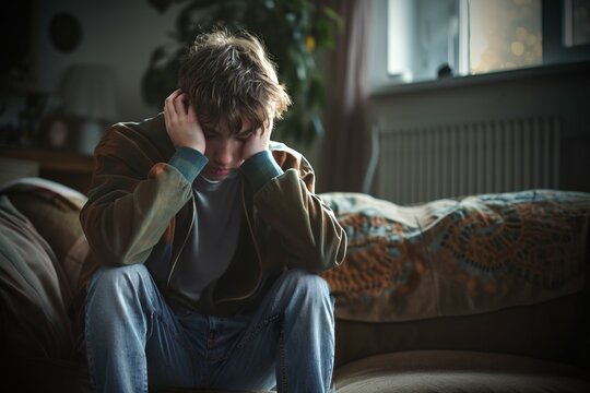 Depressed 15 years old teenager boy, sad and unhappy, sitting on a sofa. Depression danger.