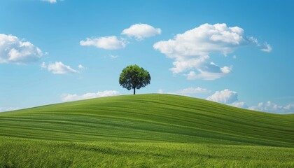 Lonely tree on top of green hill - Landscape illustration