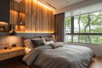 A minimalist bedroom with a feature wall adorned
