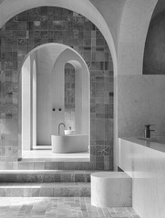 A monochrome photograph of a bathroom with brickwork arches and a bathtub. The buildings facade features arched windows and fixtures