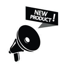 Megaphone with new product speech bubble. Loudspeaker. Banner for business, marketing and advertising