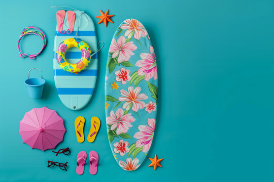 Surfboard, beach slippers, beach umbrella, beach bucket, swimming rubber, diving goggles colors are pink, yellow, blue green