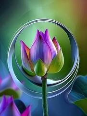 surreal artwork of 3D rendering of a lotus flower bud with a pastel background, featuring a circular white gradient frame