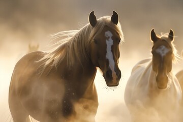 horses breaking through morning mist, their manes flowing - obrazy, fototapety, plakaty