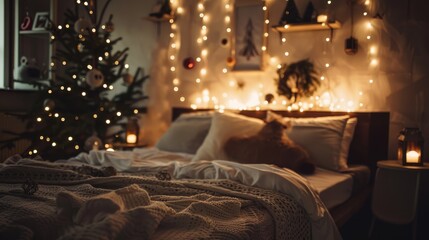 Cozy bedroom with bed at home. Coziness, comfort, interior and holiday concept. Cozy room interior with com - obrazy, fototapety, plakaty