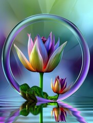 surreal artwork of 3D rendering of a lotus flower bud with a pastel background, featuring a circular white gradient frame