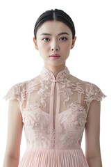 Portrait of a pretty young woman super model of Chinese ethnicity donning a sophisticated pink midi dress with a high neckline, sheer lace panels, and a pleated skirt