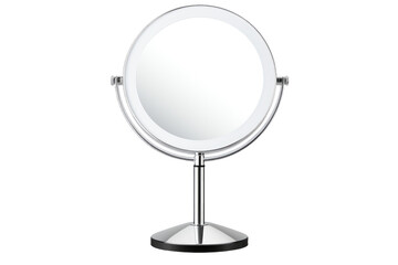 Cosmic Reflections: Captivating Round Mirror on a Metal Stand. On White or PNG Transparent Background..