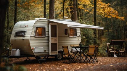 Fototapeta na wymiar Cozy Trailer of mobile home stands in the forest in camping in fall near table