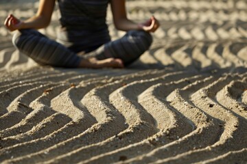 Fototapeta na wymiar person in meditation pose behind freshly raked sand lines