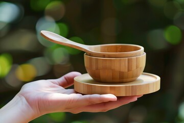 hand holding ecofriendly bamboo baby dinnerware