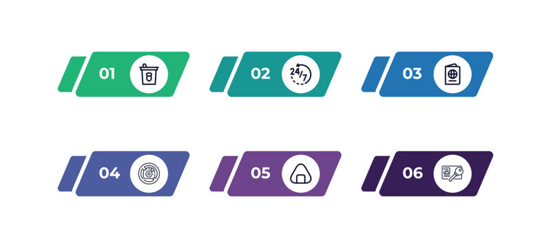 outline icons set from hotel and restaurant concept. editable vector included frozen yogurt, agenda, passport, no pictures, onigiri, key card icons