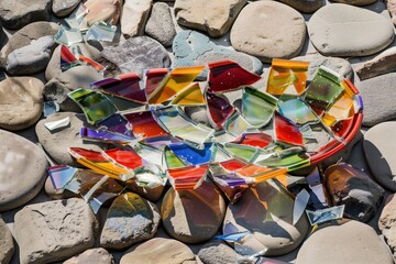 shards of a colorful platter on patio stones