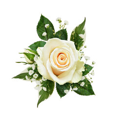 Floral arrangement with white rose and gypsophila flowers isolated on white or transparent...