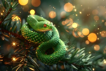 A green snake coiled up on a pine branch on a starry night background. Snake - symbol of 2025 year.  New year greeting card. 