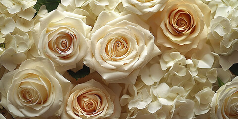 Backdrop of white roses flowers, wedding backgrounds