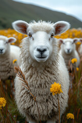 Fototapeta premium Sheep standing in field of yellow flowers