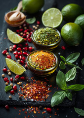 Spices and herbs on black background