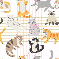 Seamless pattern with Cute funny cats. Lovely Kitten design.  Hand drawn trendy vector illustration. Adorable pet background. - 764602582