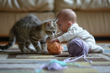 kitten and baby playing with a ball of yarn together