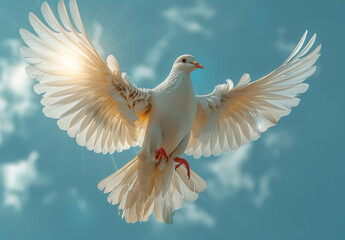 Obraz premium Dove in the air with wings wide open in-front of the sun