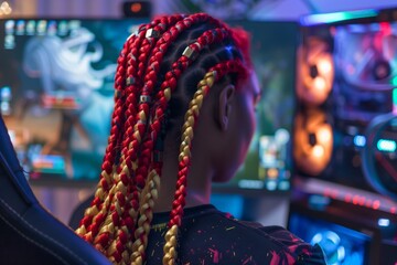 gamer with red and gold braids in front of a computer screen - obrazy, fototapety, plakaty