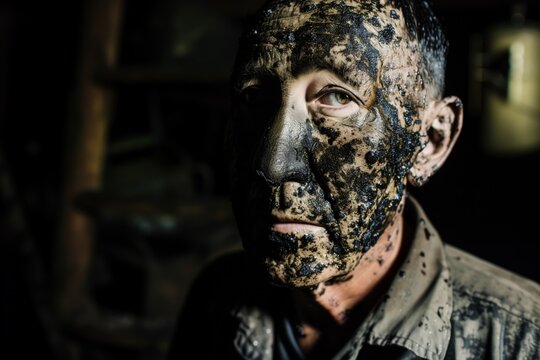 portrait of a coal miners face covered in soot