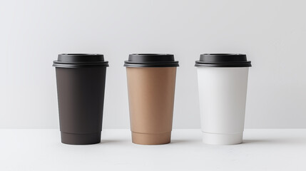 Coffee paper cups on white background with text space, font view