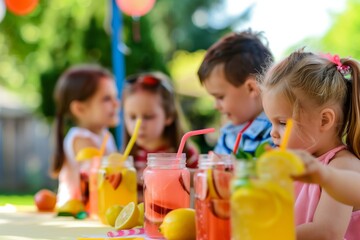 kids at a lemonade stand with homemade fruit lemonades - obrazy, fototapety, plakaty