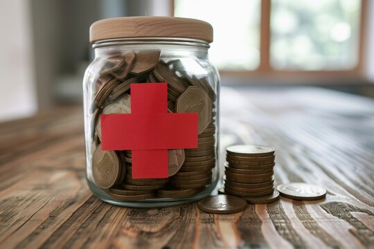 A money jar with a red cross on it illustrating emergency funds for home