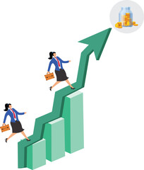 Revenue or profit growth, successful business or professional development, successful investment, upward or upward trend, isometric pile of gold coins inside the upward arrow pulling the businessman u