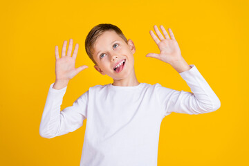 Photo of funky playful boy wear white shirt rising arms palms stick out looking empty space...