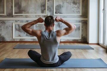 man sitting on yoga mat doing triceps extensions - obrazy, fototapety, plakaty