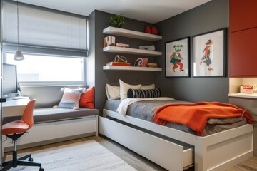 A minimalist kids' bedroom with built-in storage solutions