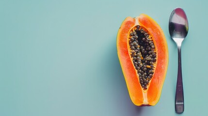 
Papaya concept with spoon on blue purple background.