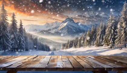 Wooden background from boards on the background of snowy mountains. - obrazy, fototapety, plakaty