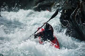 dynamic rear shot of a kayaker propelling through frothy rapids