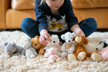 youngster arranging stuffed animals