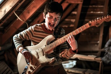 kid with striped shirt in attic, intensely playing guitar