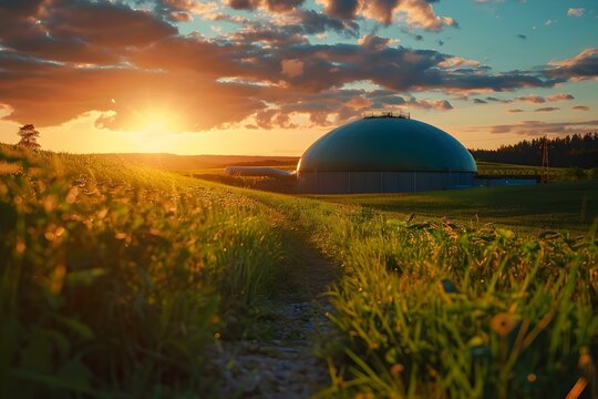 Biogas plant in rural setting at sunset converting organic waste into bioenergy. Concept Renewable Energy, Biogas Production, Sustainable Development, Rural Innovation, Sunset Views