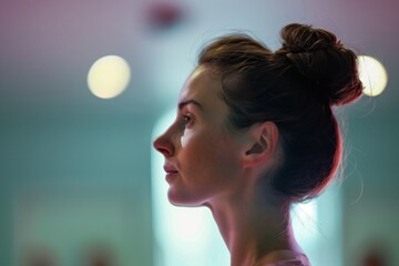 profile of ballerina focusing before a performance, hair in a bun