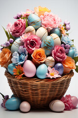 Colorful Easter basket filled with eggs decorated with flowers on white background. Easter concept.