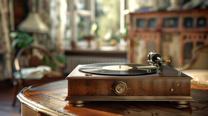 A brown antique record player sits on the table,