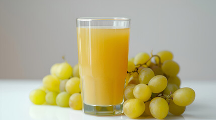 Tasty gooseberry juice and fresh berries on wooden table, Glass with freshly made  grape juice on a white background

