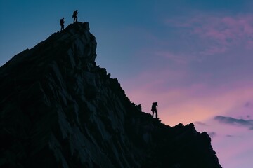 climbers silhouette on a high peak, dusk