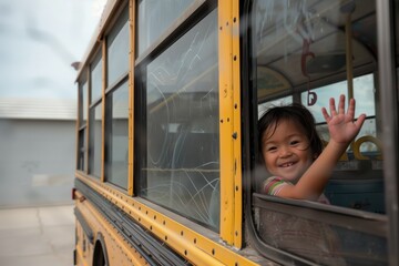 child waving from a school bus window, smiling at the camera
