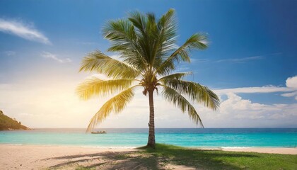 Fototapeta na wymiar One palm tree on the beach against the background of the ocean.