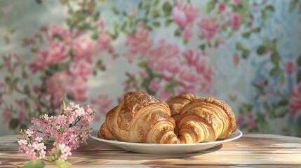Croissants are placed on a cute plate on a wooden table with a chic cover,