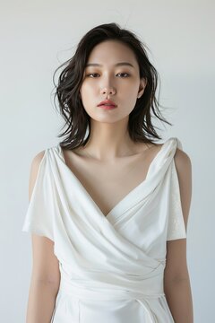 Portrait of a pretty young woman super model of Japanese ethnicity donning a glamorous white midi dress with a draped neckline, asymmetrical hemline, and subtle sequin detailing