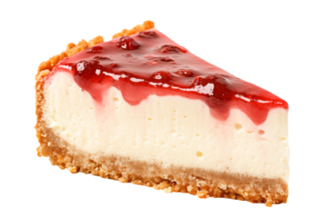 A piece of cheesecake with berry jam isolated on a transparent background.